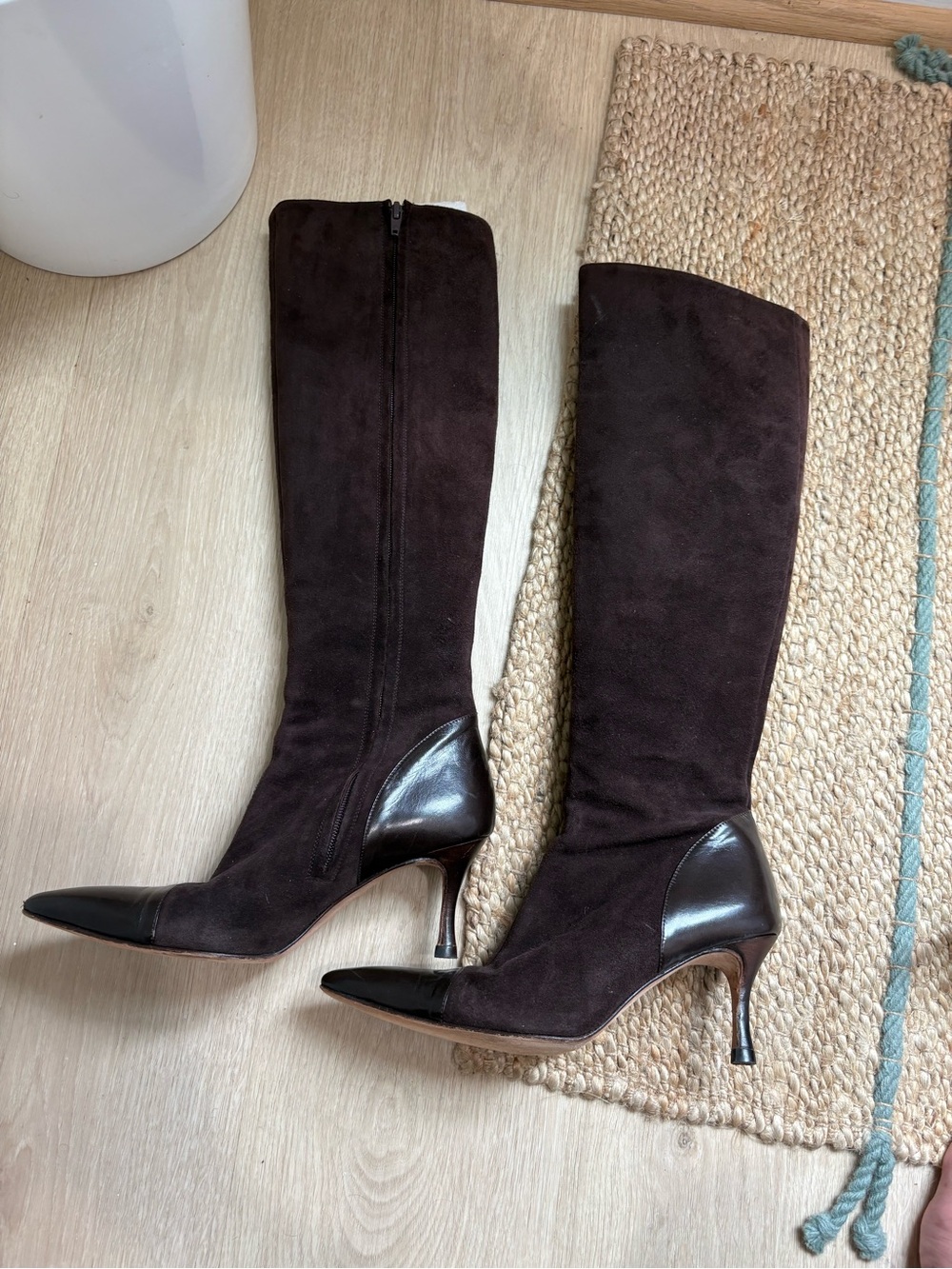 Manolo Blahnik Dark Brown Suede and Leather Over-the-Knee Pointed-Toe Boots